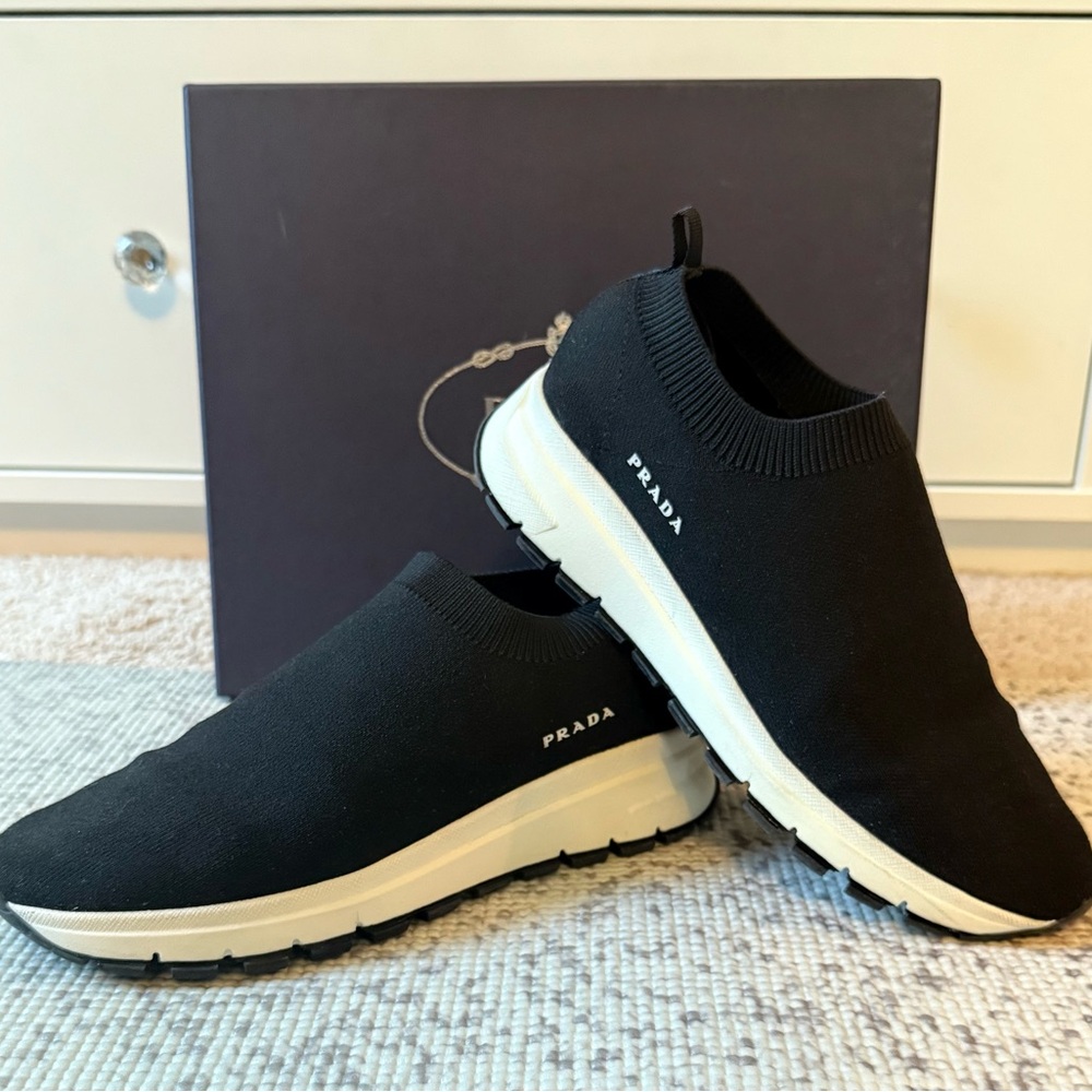 Prada Black Knit Slip-On Sneakers